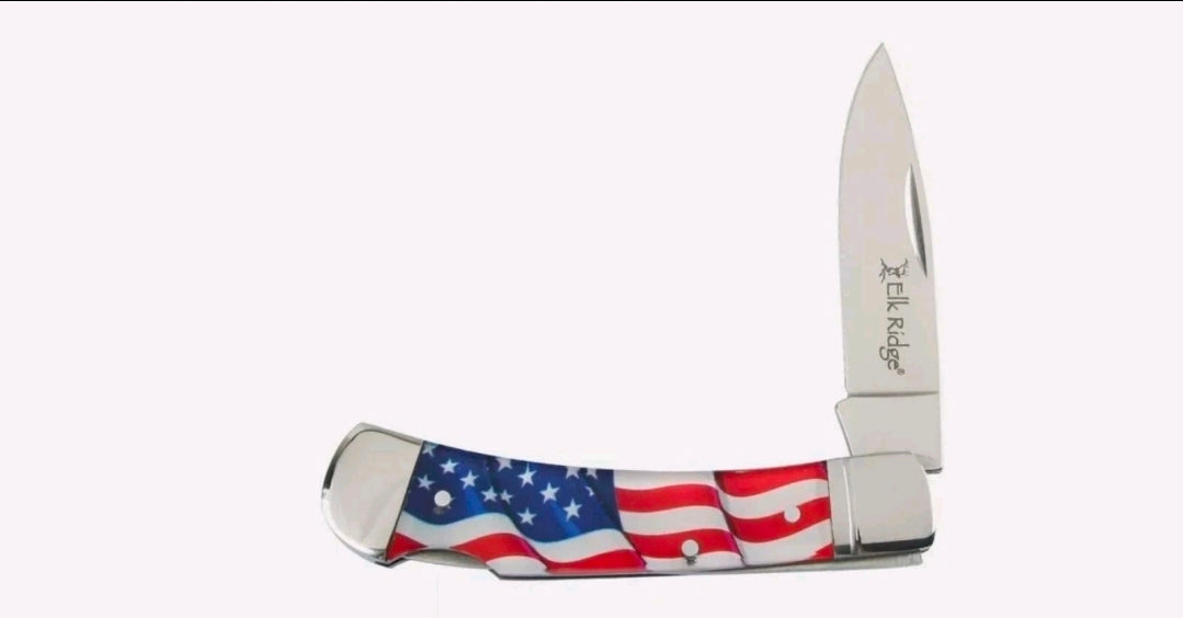 Elk Ridge 42451AF Drop Point Lockback Knife American Flag Handles